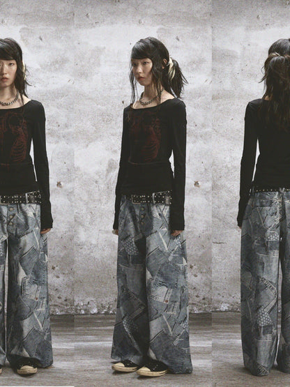 NONAME SPACE Two Tone Stretch Spliced Wide Neck Raw Edge Printed Women&
