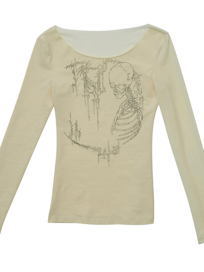 NONAME SPACE Two Tone Stretch Spliced Wide Neck Raw Edge Printed Women&