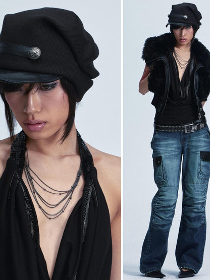 NONAME SPACE Vintage Knitted Leather Patch Soft Brim Shapeable Women&