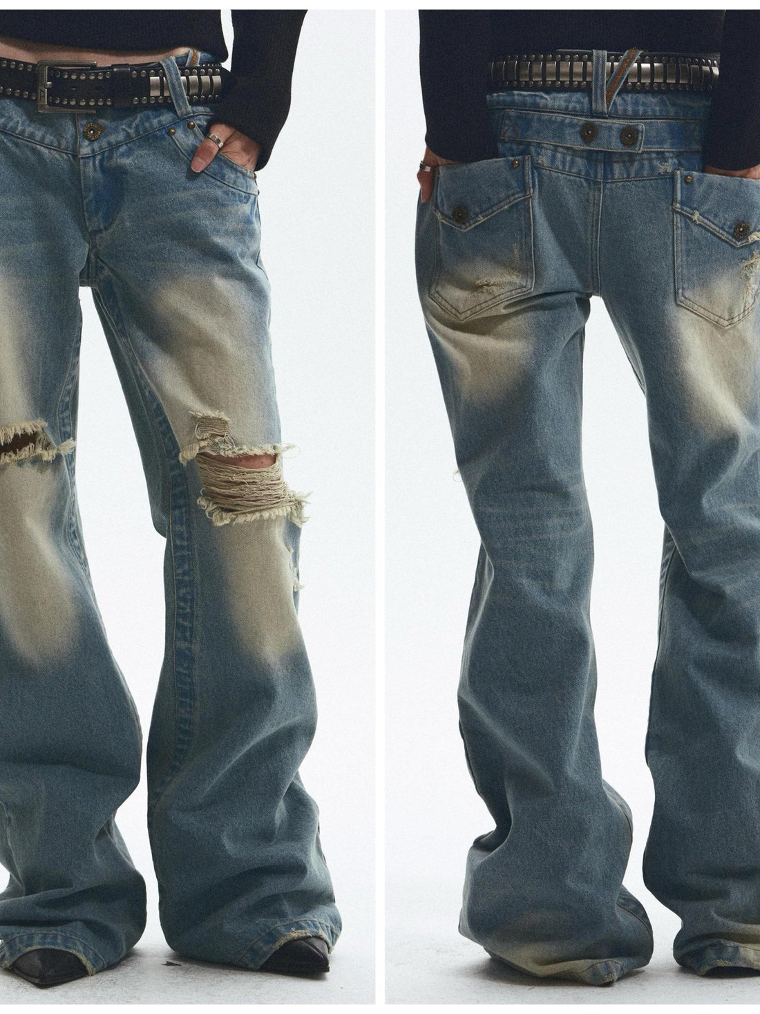 NONAME SPACE Vintage Washed Distressed Low Rise Loose Fit Women&