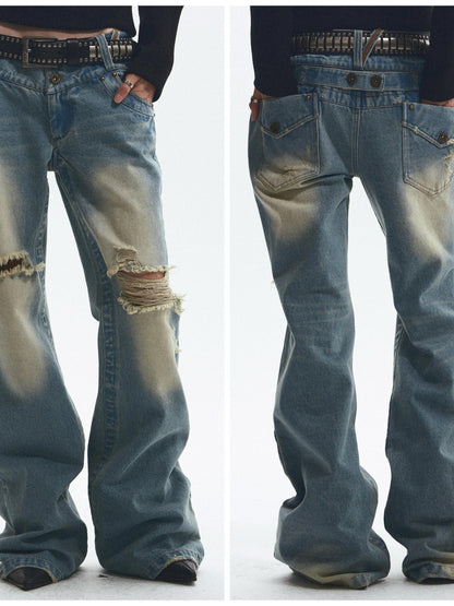 NONAME SPACE Vintage Washed Distressed Low Rise Loose Fit Women&
