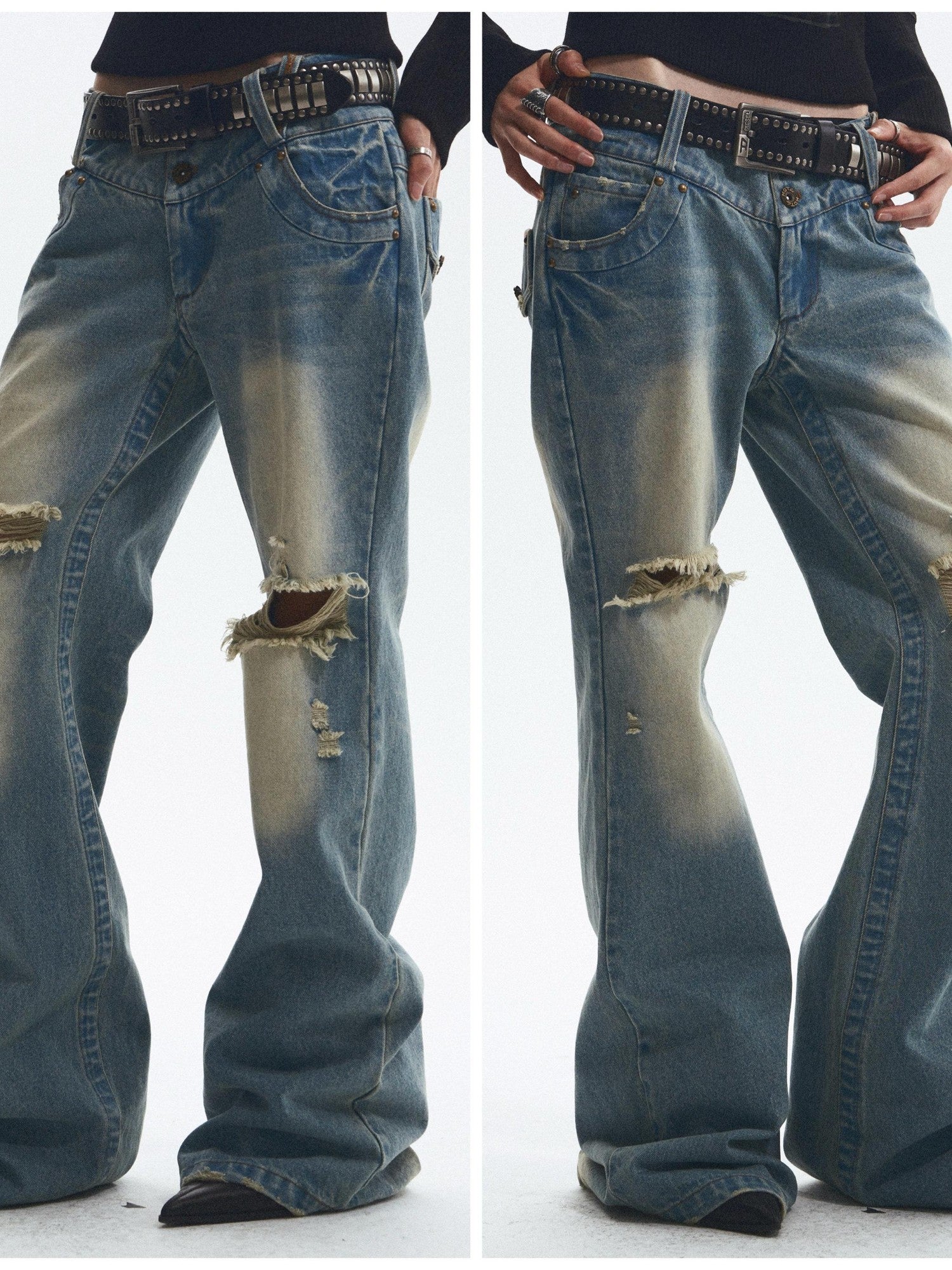 NONAME SPACE Vintage Washed Distressed Low Rise Loose Fit Women&