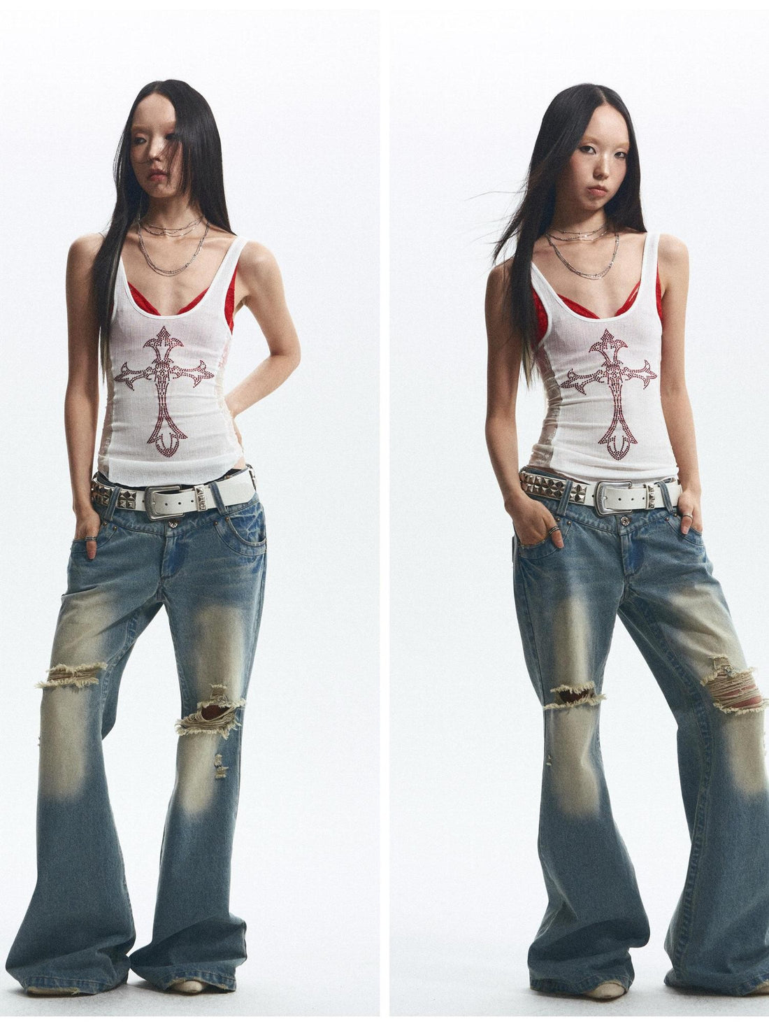 NONAME SPACE Vintage Washed Distressed Low Rise Loose Fit Women&