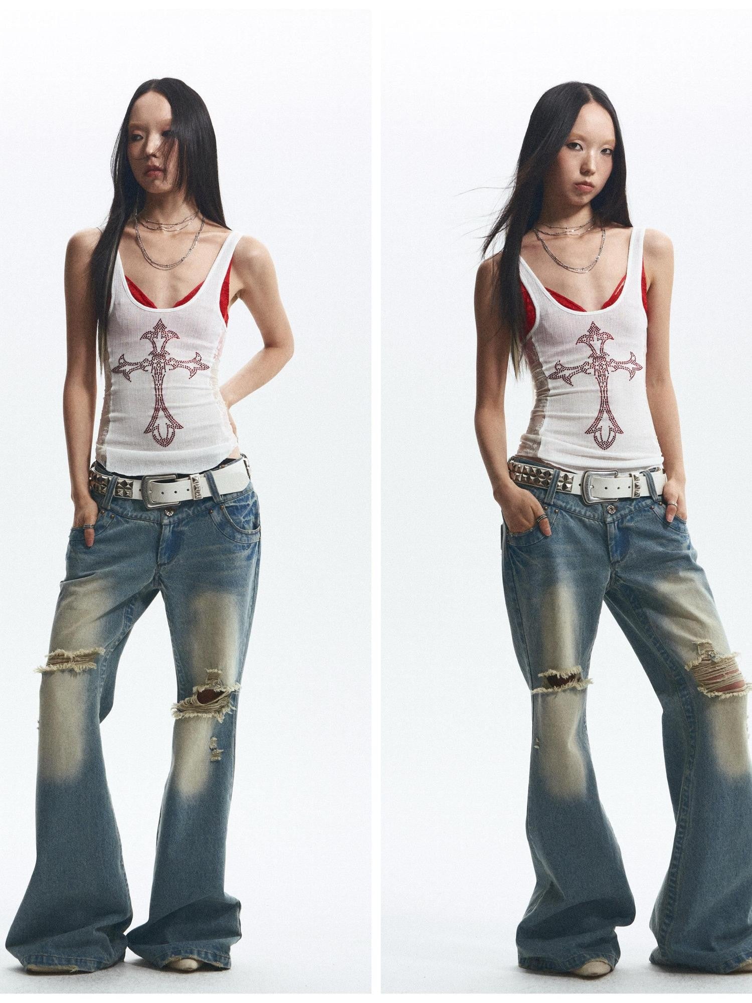 NONAME SPACE Vintage Washed Distressed Low Rise Loose Fit Women&