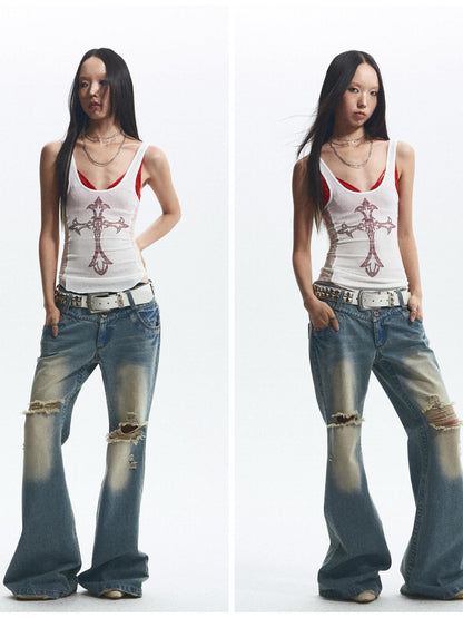 NONAME SPACE Vintage Washed Distressed Low Rise Loose Fit Women&
