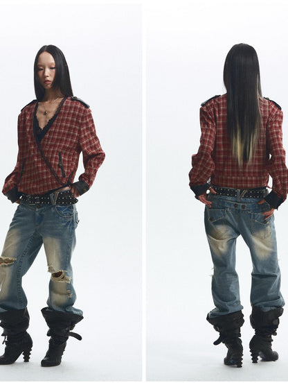NONAME SPACE Vintage Washed Distressed Low Rise Loose Fit Women&
