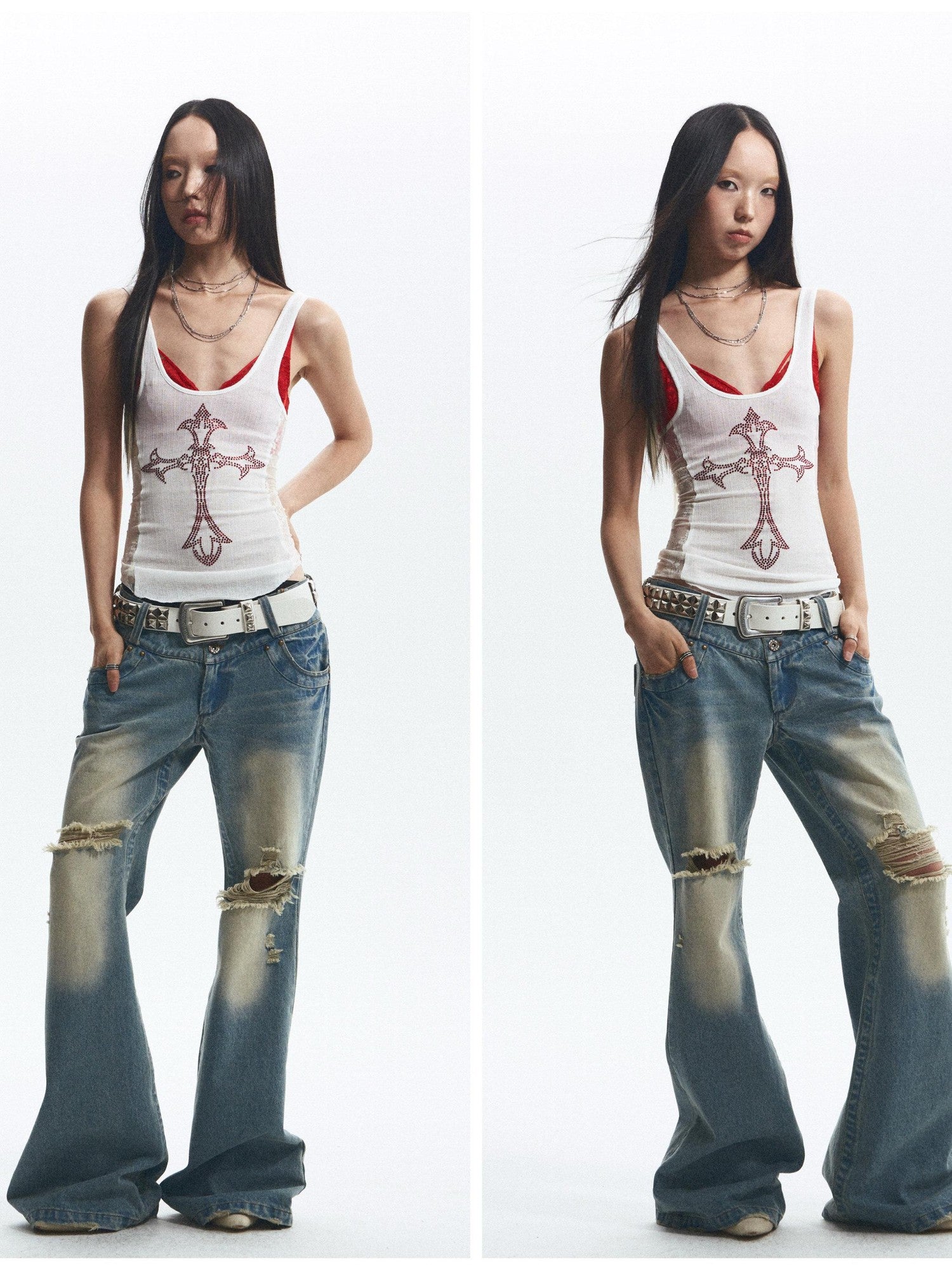 NONAME SPACE Vintage Washed Distressed Low Rise Loose Fit Women&