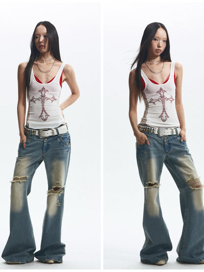 NONAME SPACE Vintage Washed Distressed Low Rise Loose Fit Women&