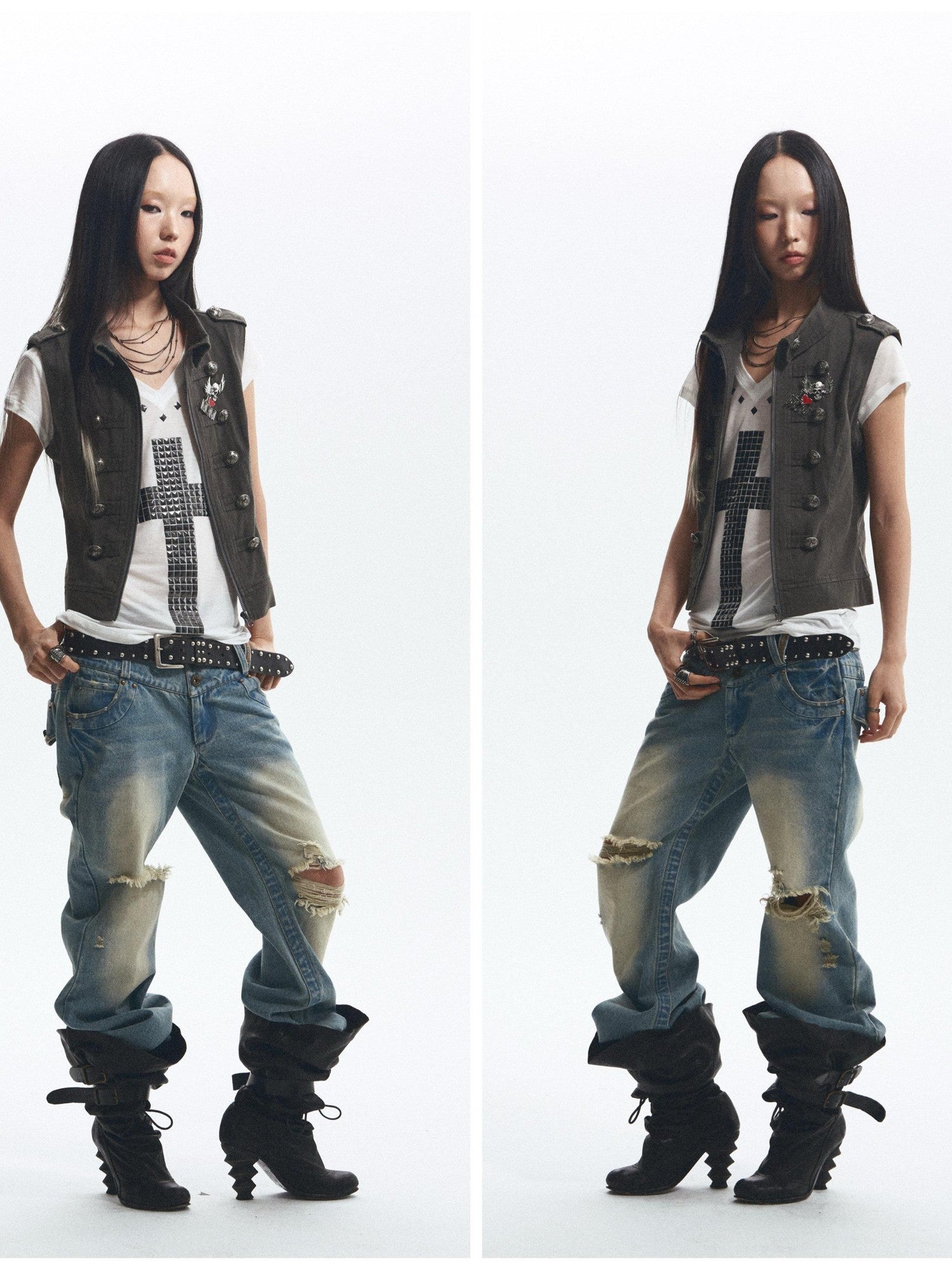 NONAME SPACE Vintage Washed Distressed Low Rise Loose Fit Women&