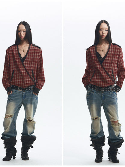 NONAME SPACE Vintage Washed Distressed Low Rise Loose Fit Women&
