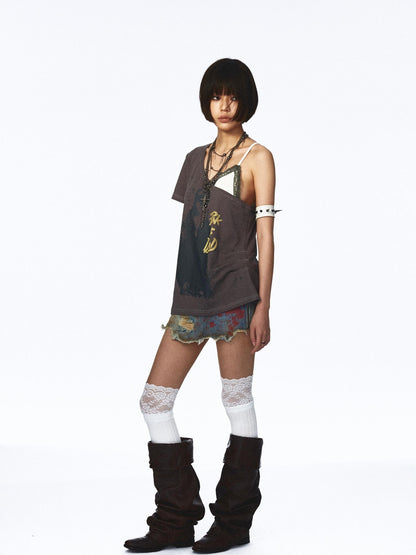NONAME SPACE Washed Distressed Frayed Raw Hem Detachable Women&