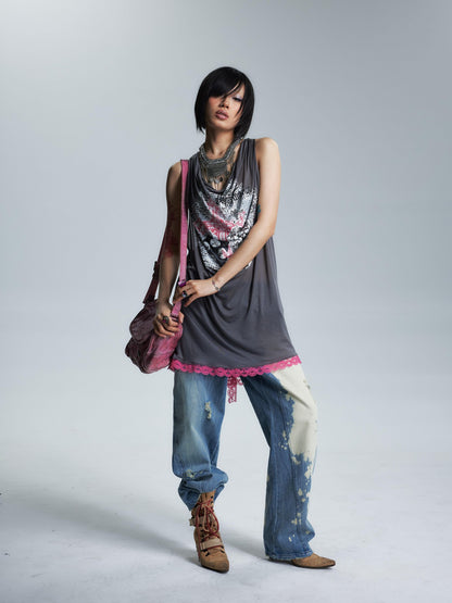 NONAME SPACE Washed Distressed Slanted Fly Detachable Patch Loose Women&