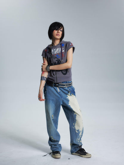 NONAME SPACE Washed Distressed Slanted Fly Detachable Patch Loose Women&