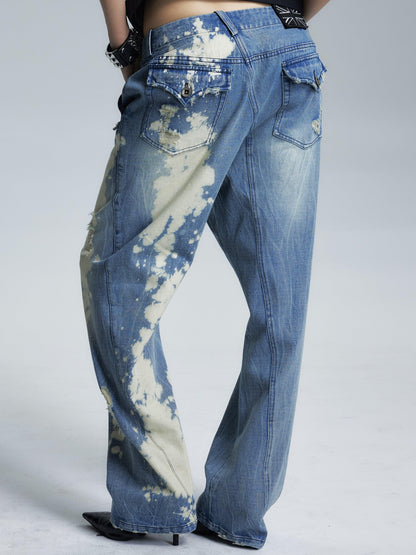 NONAME SPACE Washed Distressed Slanted Fly Detachable Patch Loose Women&