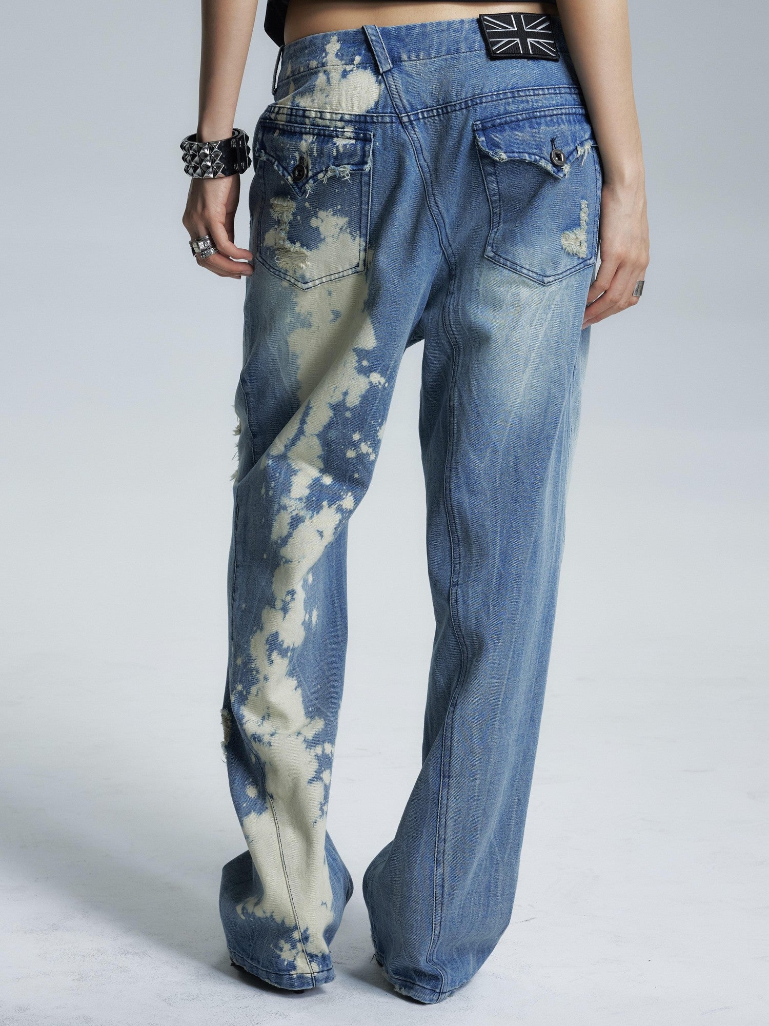 NONAME SPACE Washed Distressed Slanted Fly Detachable Patch Loose Women&