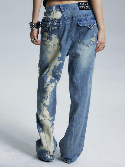 NONAME SPACE Washed Distressed Slanted Fly Detachable Patch Loose Women&