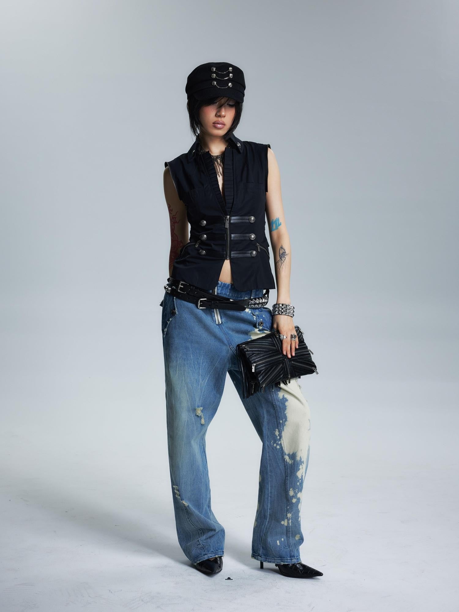 NONAME SPACE Washed Distressed Slanted Fly Detachable Patch Loose Women&