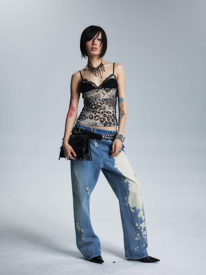 NONAME SPACE Washed Distressed Slanted Fly Detachable Patch Loose Women&