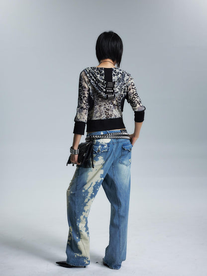 NONAME SPACE Washed Distressed Slanted Fly Detachable Patch Loose Women&