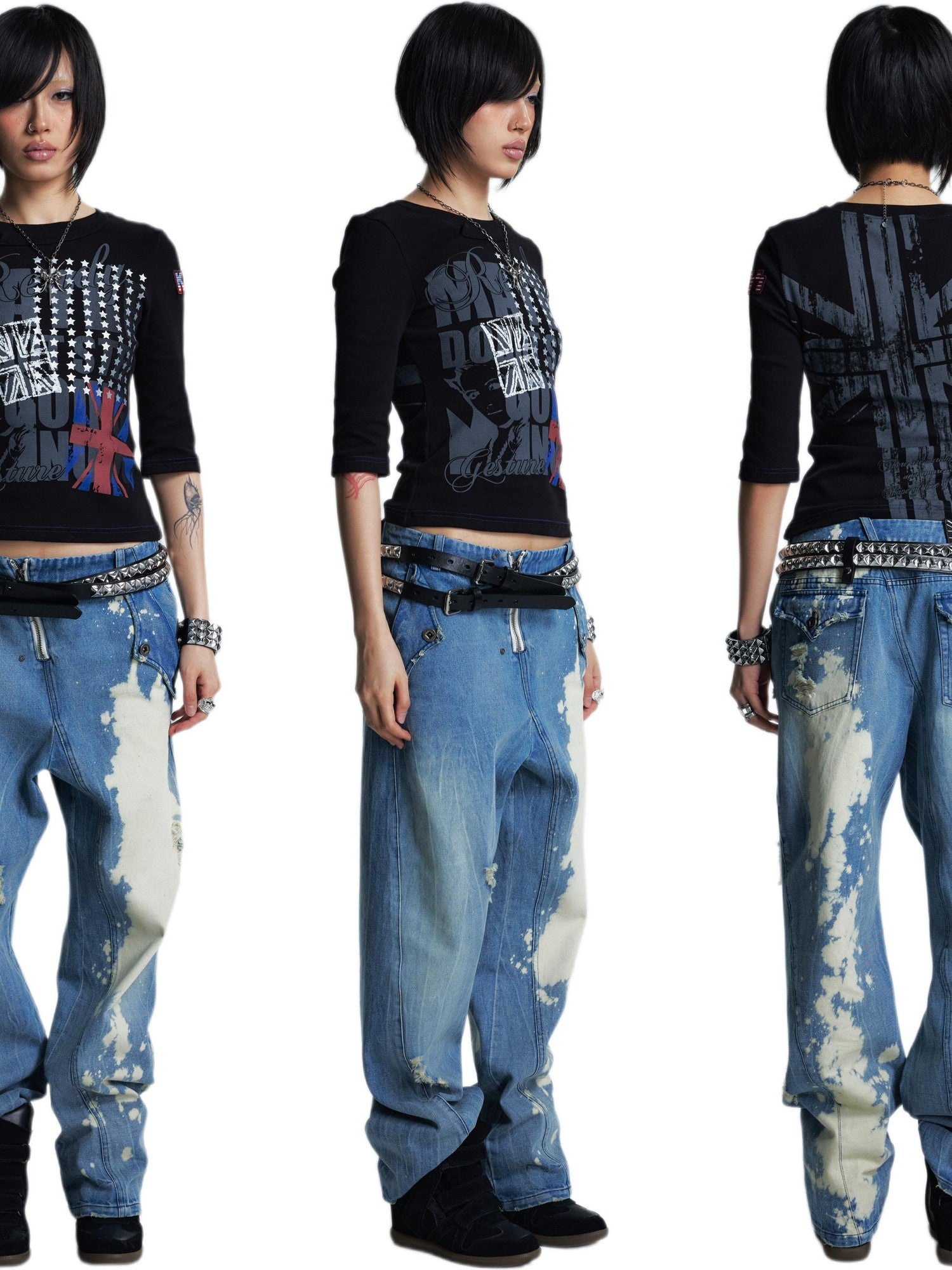 NONAME SPACE Washed Distressed Slanted Fly Detachable Patch Loose Women&