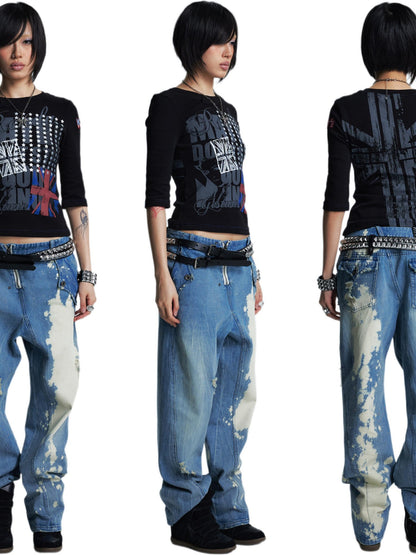 NONAME SPACE Washed Distressed Slanted Fly Detachable Patch Loose Women&