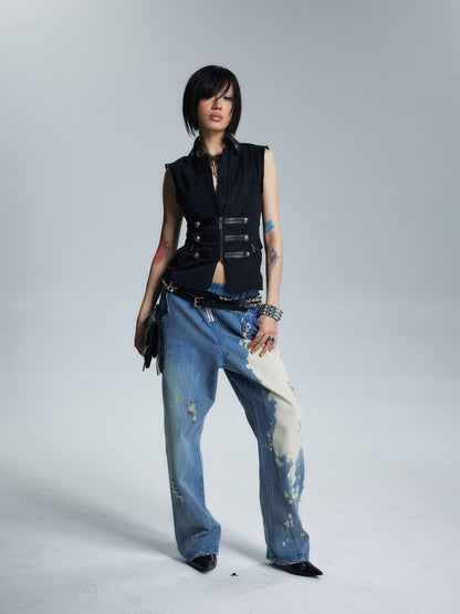 NONAME SPACE Washed Distressed Slanted Fly Detachable Patch Loose Women&