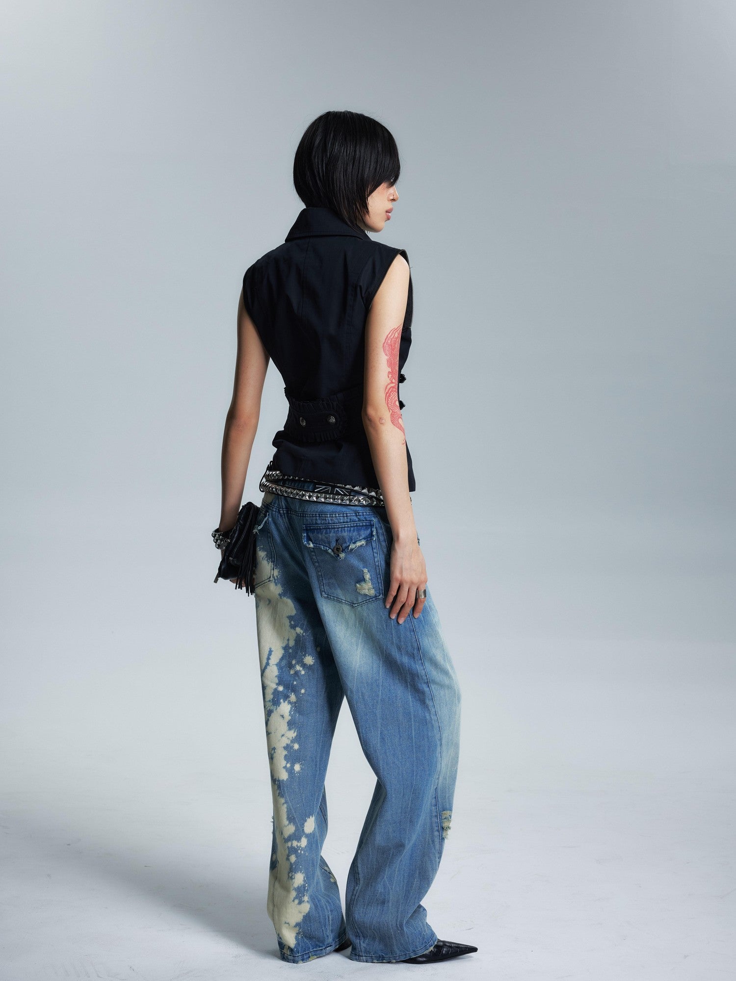 NONAME SPACE Washed Distressed Slanted Fly Detachable Patch Loose Women&