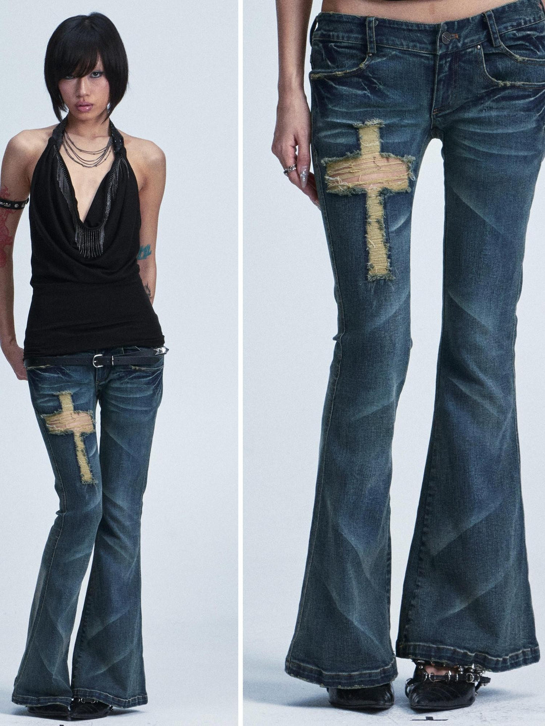 NONAME SPACE Washed Distressed Slim Low Waist Cross Ripped Double Pocket Women&
