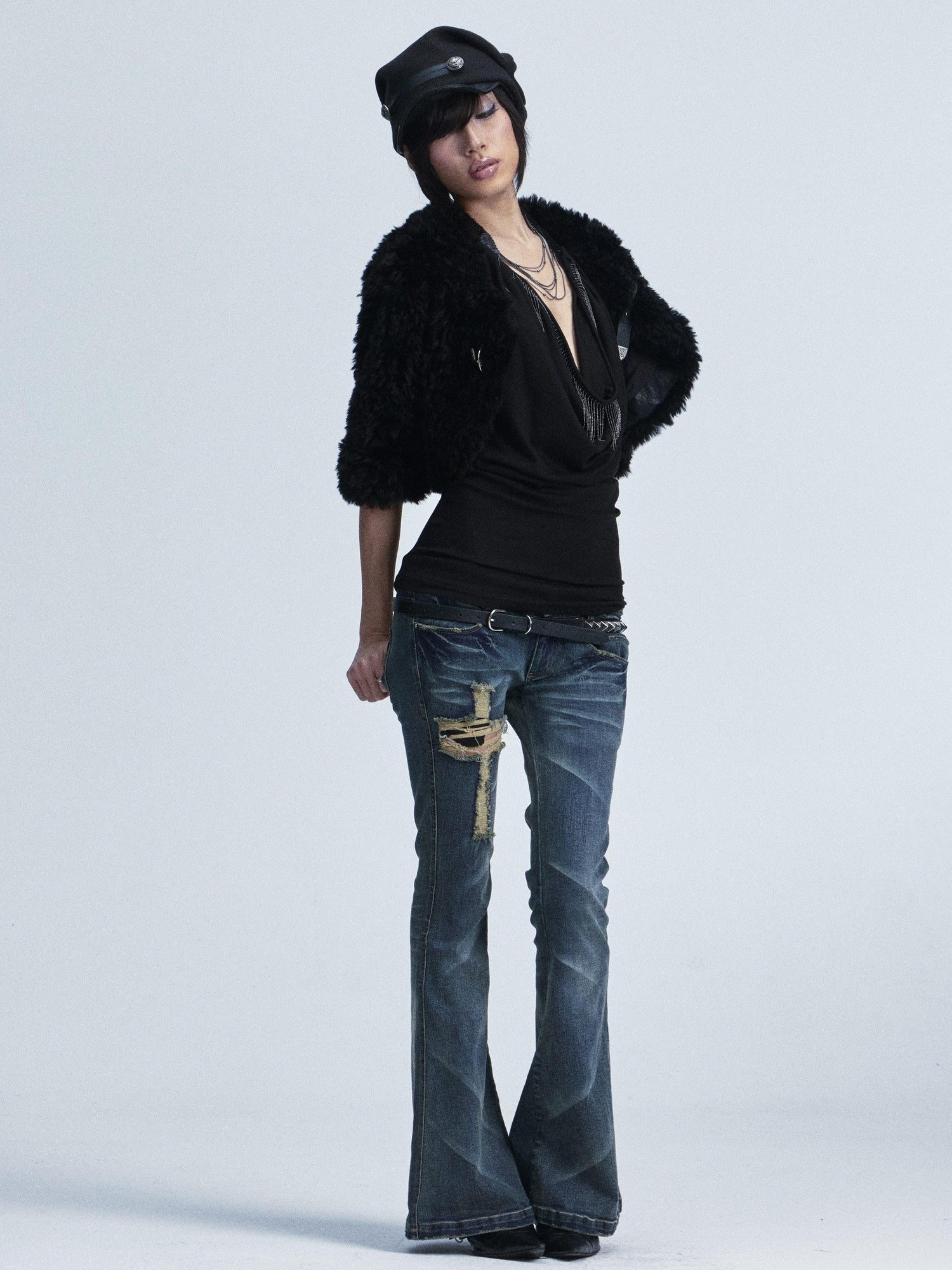 NONAME SPACE Washed Distressed Slim Low Waist Cross Ripped Double Pocket Women&