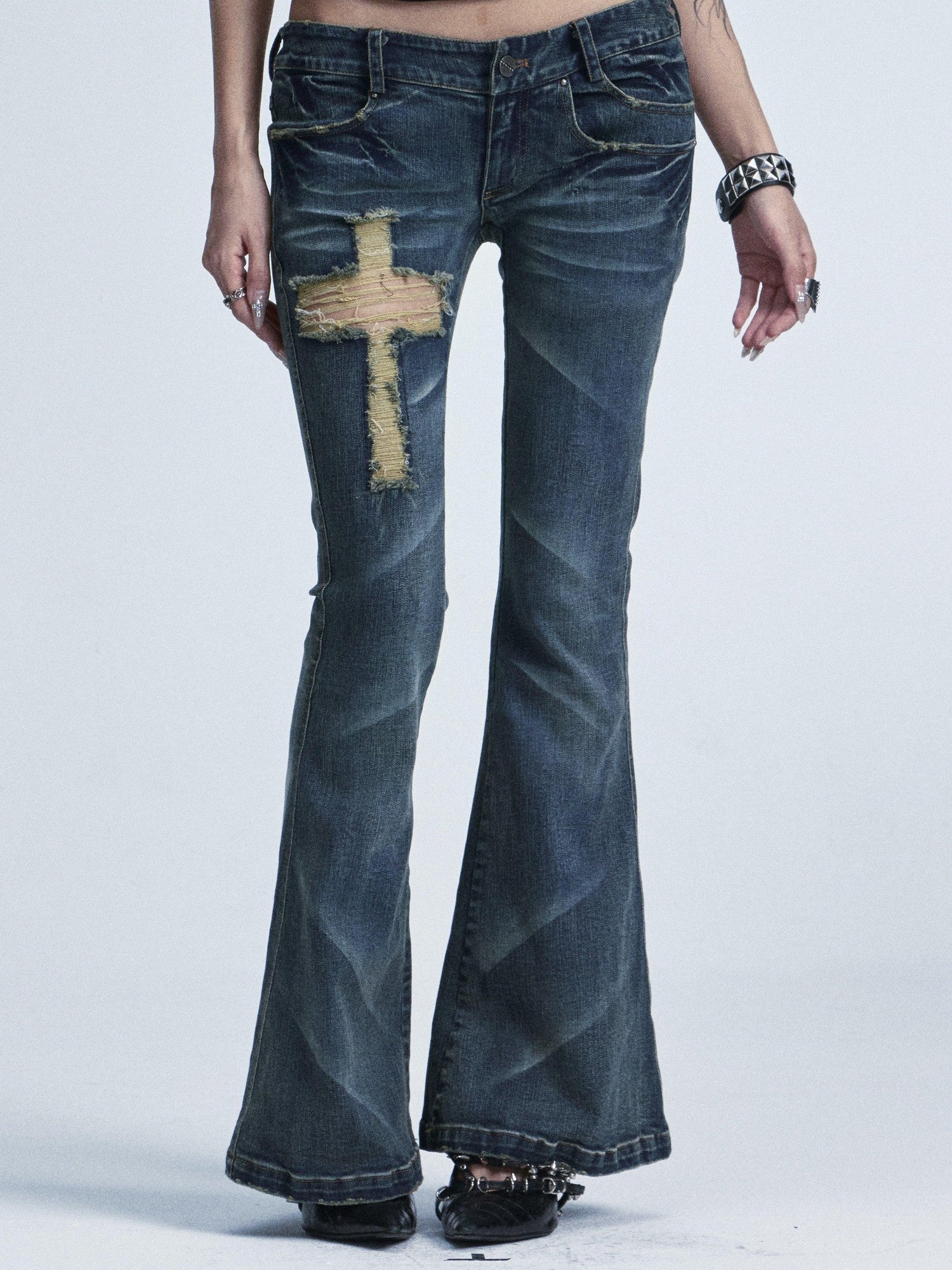 NONAME SPACE Washed Distressed Slim Low Waist Cross Ripped Double Pocket Women&