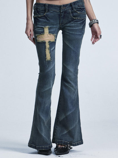 NONAME SPACE Washed Distressed Slim Low Waist Cross Ripped Double Pocket Women&