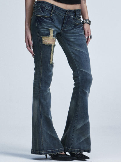NONAME SPACE Washed Distressed Slim Low Waist Cross Ripped Double Pocket Women&