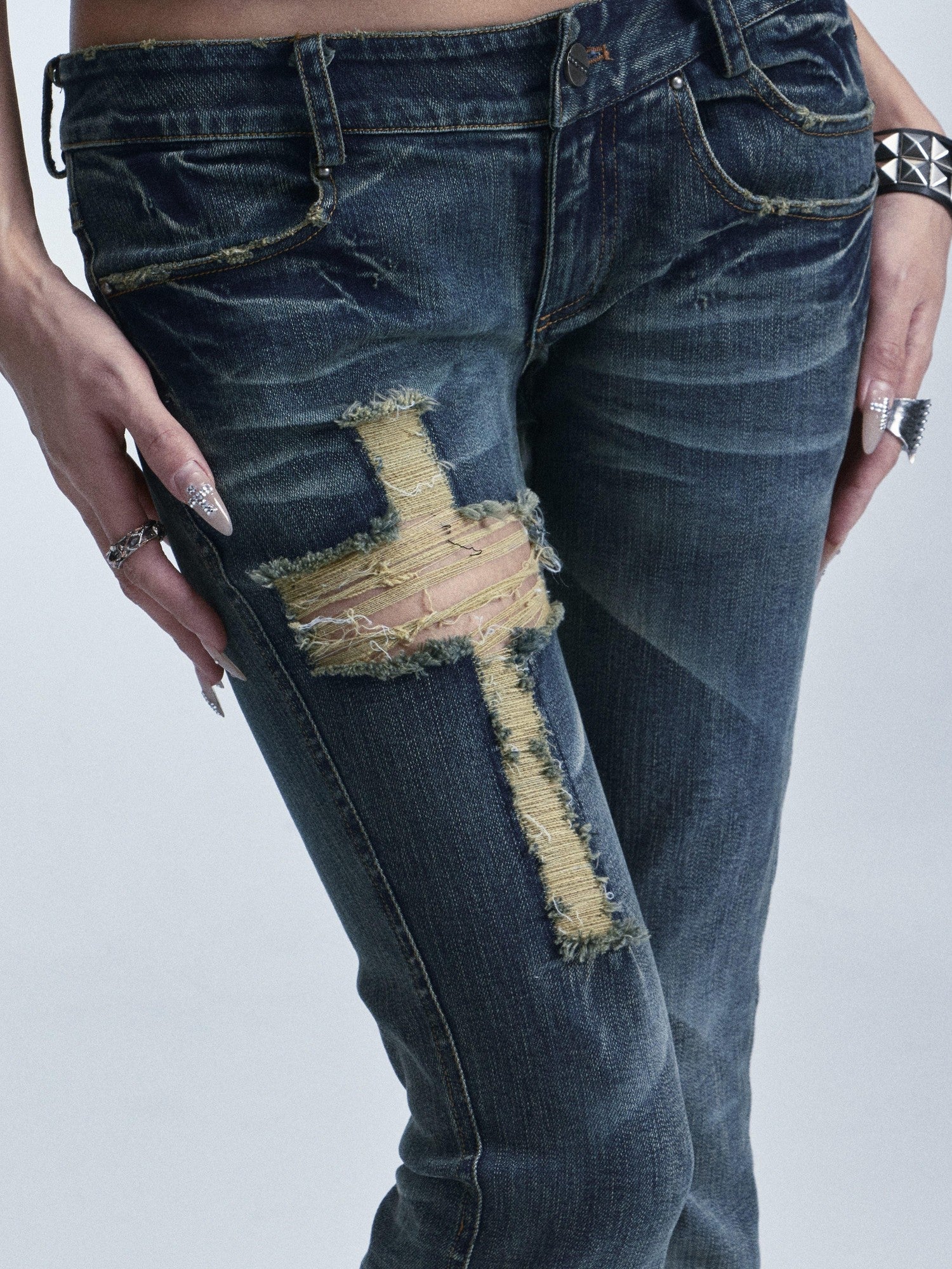 NONAME SPACE Washed Distressed Slim Low Waist Cross Ripped Double Pocket Women&