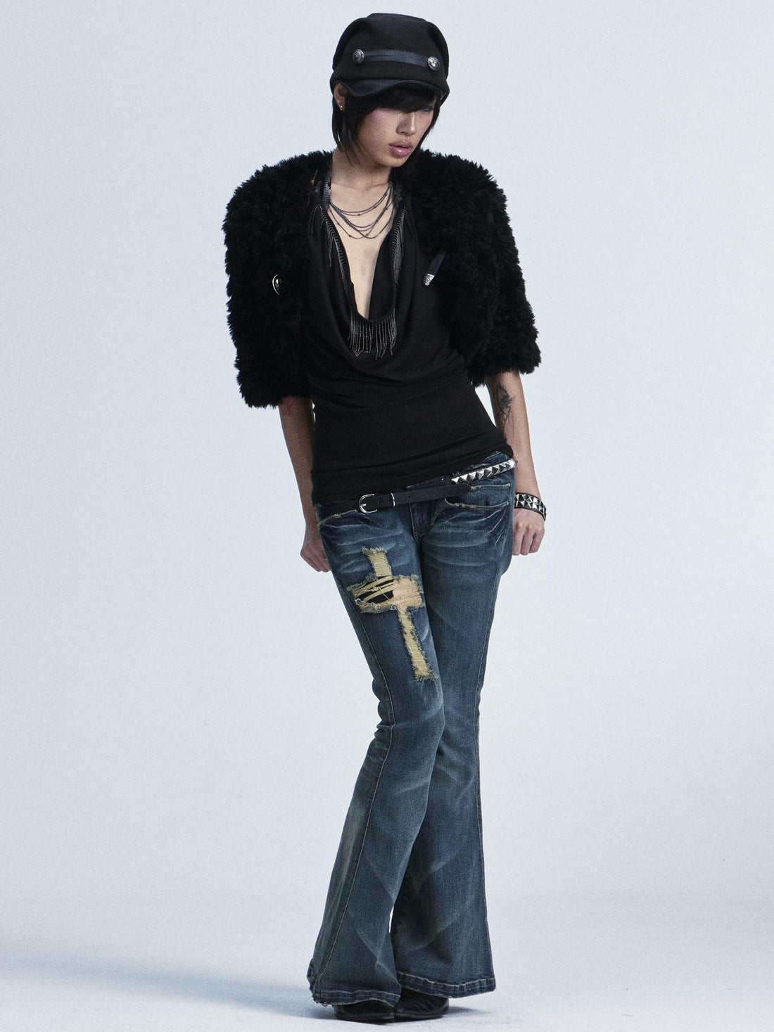 NONAME SPACE Washed Distressed Slim Low Waist Cross Ripped Double Pocket Women&