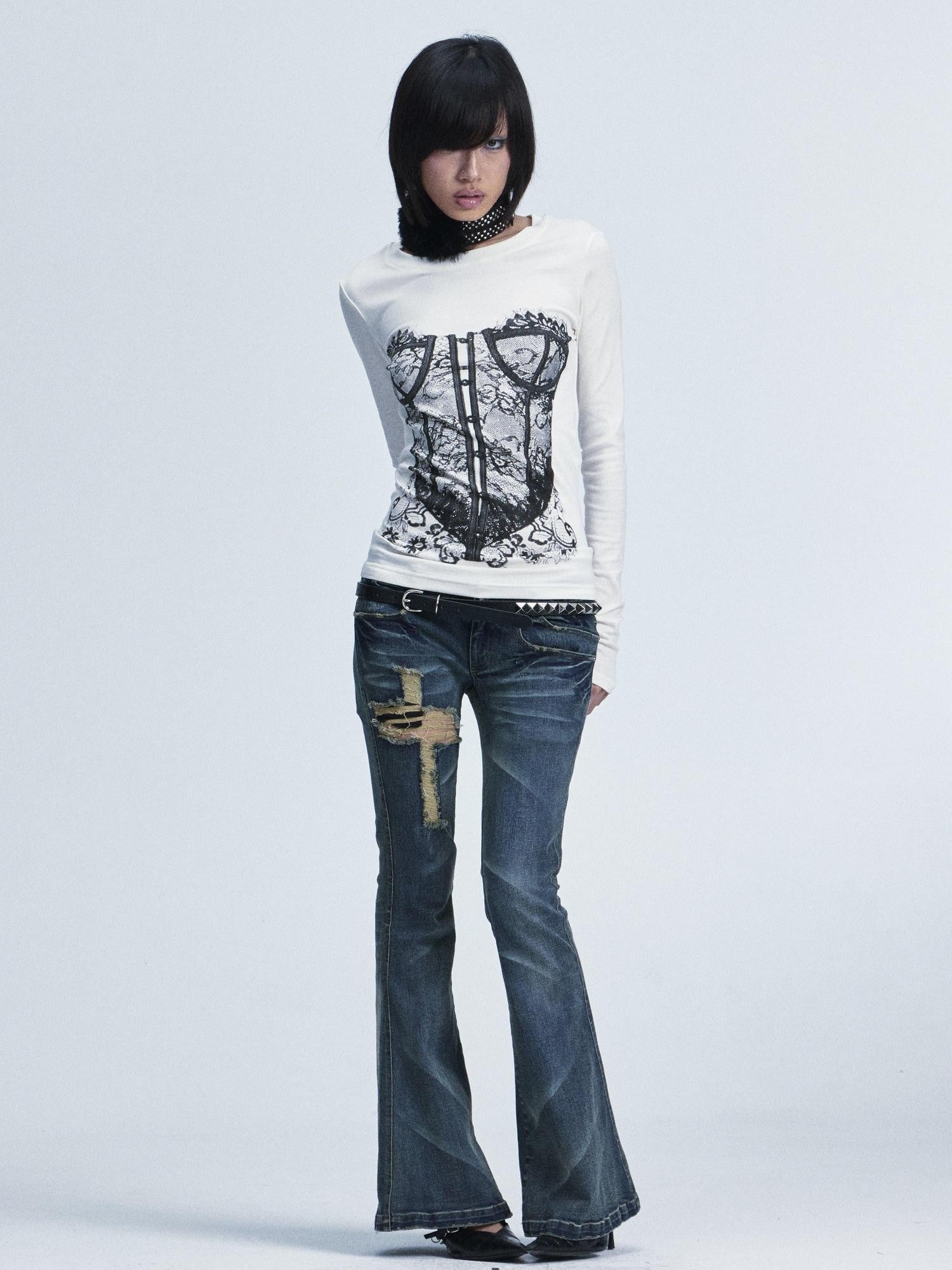 NONAME SPACE Washed Distressed Slim Low Waist Cross Ripped Double Pocket Women&