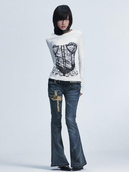 NONAME SPACE Washed Distressed Slim Low Waist Cross Ripped Double Pocket Women&