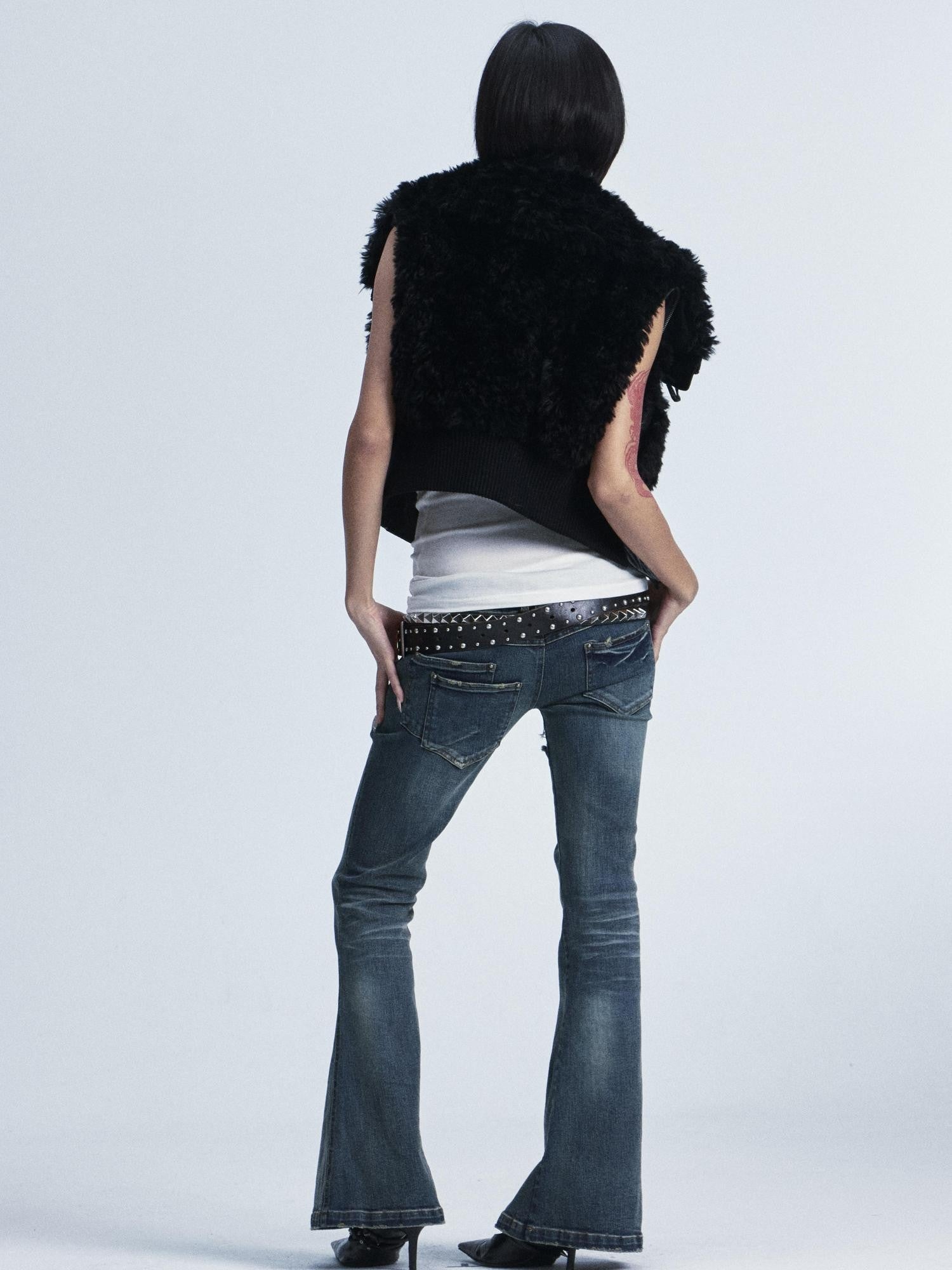 NONAME SPACE Washed Distressed Slim Low Waist Cross Ripped Double Pocket Women&