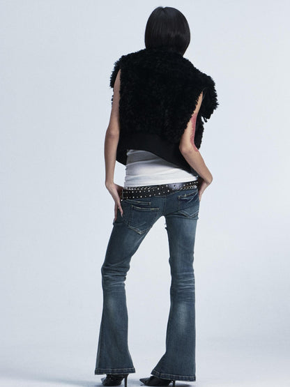 NONAME SPACE Washed Distressed Slim Low Waist Cross Ripped Double Pocket Women&