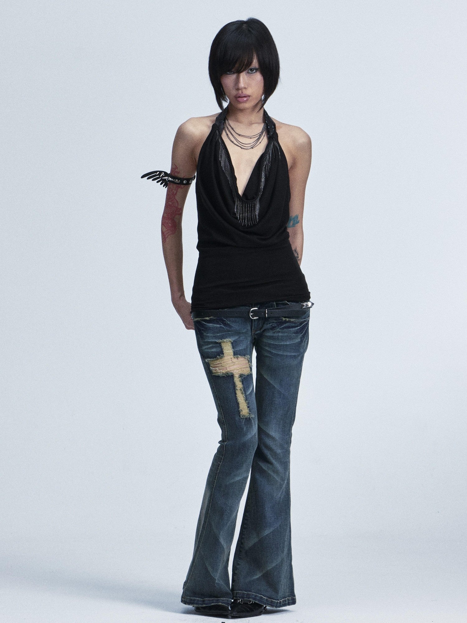 NONAME SPACE Washed Distressed Slim Low Waist Cross Ripped Double Pocket Women&