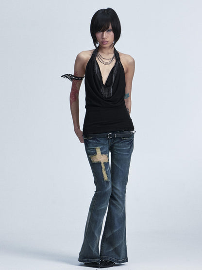 NONAME SPACE Washed Distressed Slim Low Waist Cross Ripped Double Pocket Women&