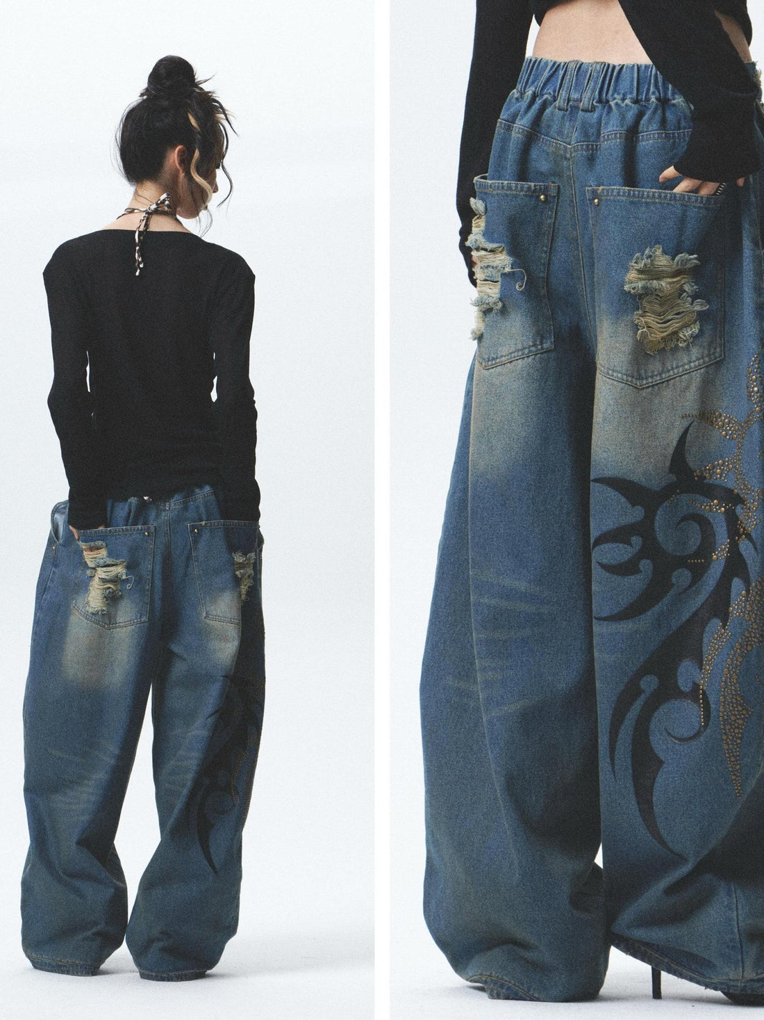 NONAME SPACE Washed Print Rhinestone Distressed High Waist Women&