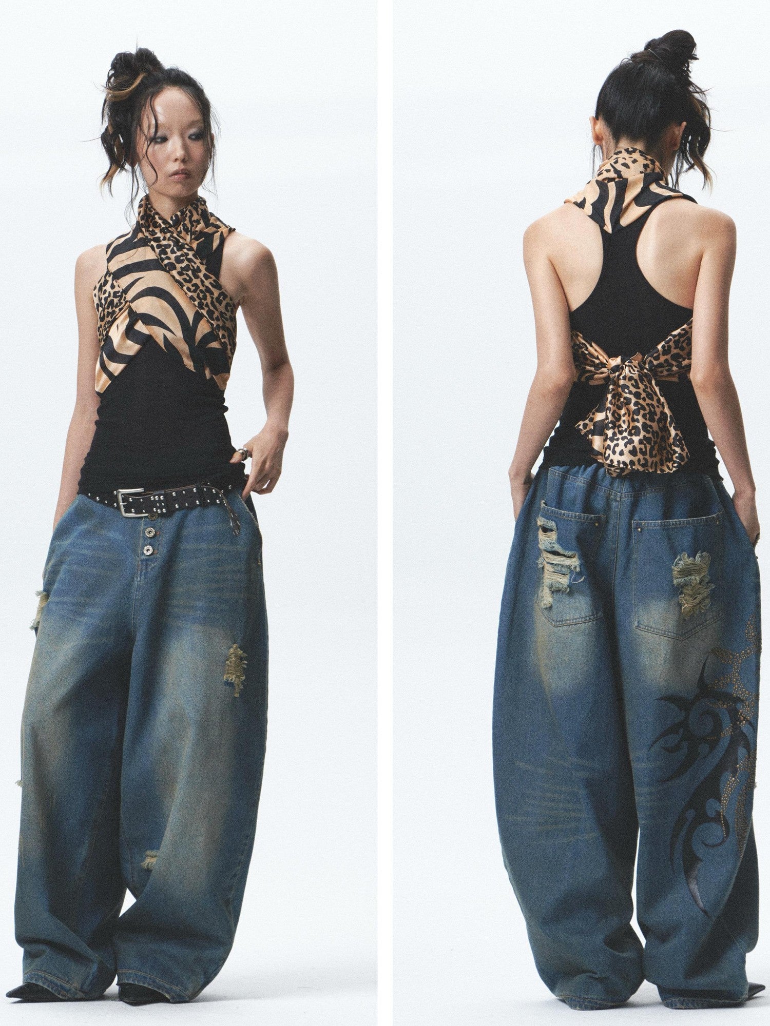 NONAME SPACE Washed Print Rhinestone Distressed High Waist Women&
