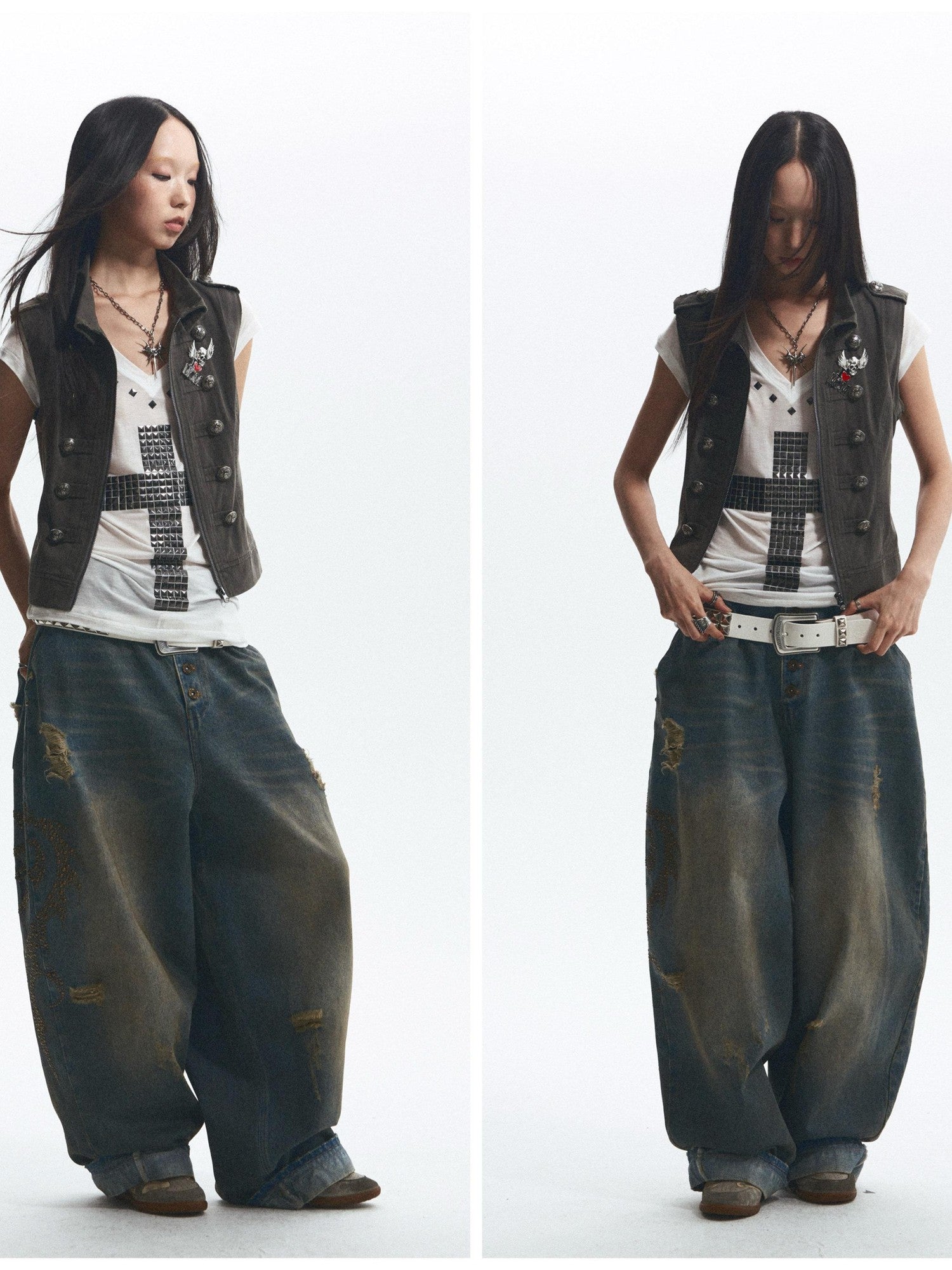 NONAME SPACE Washed Print Rhinestone Distressed High Waist Women&