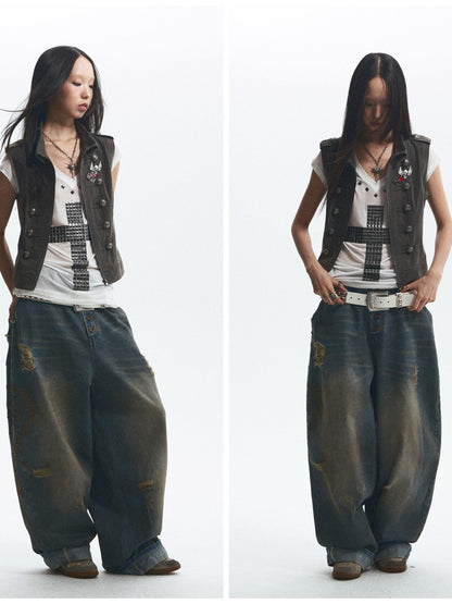 NONAME SPACE Washed Print Rhinestone Distressed High Waist Women&