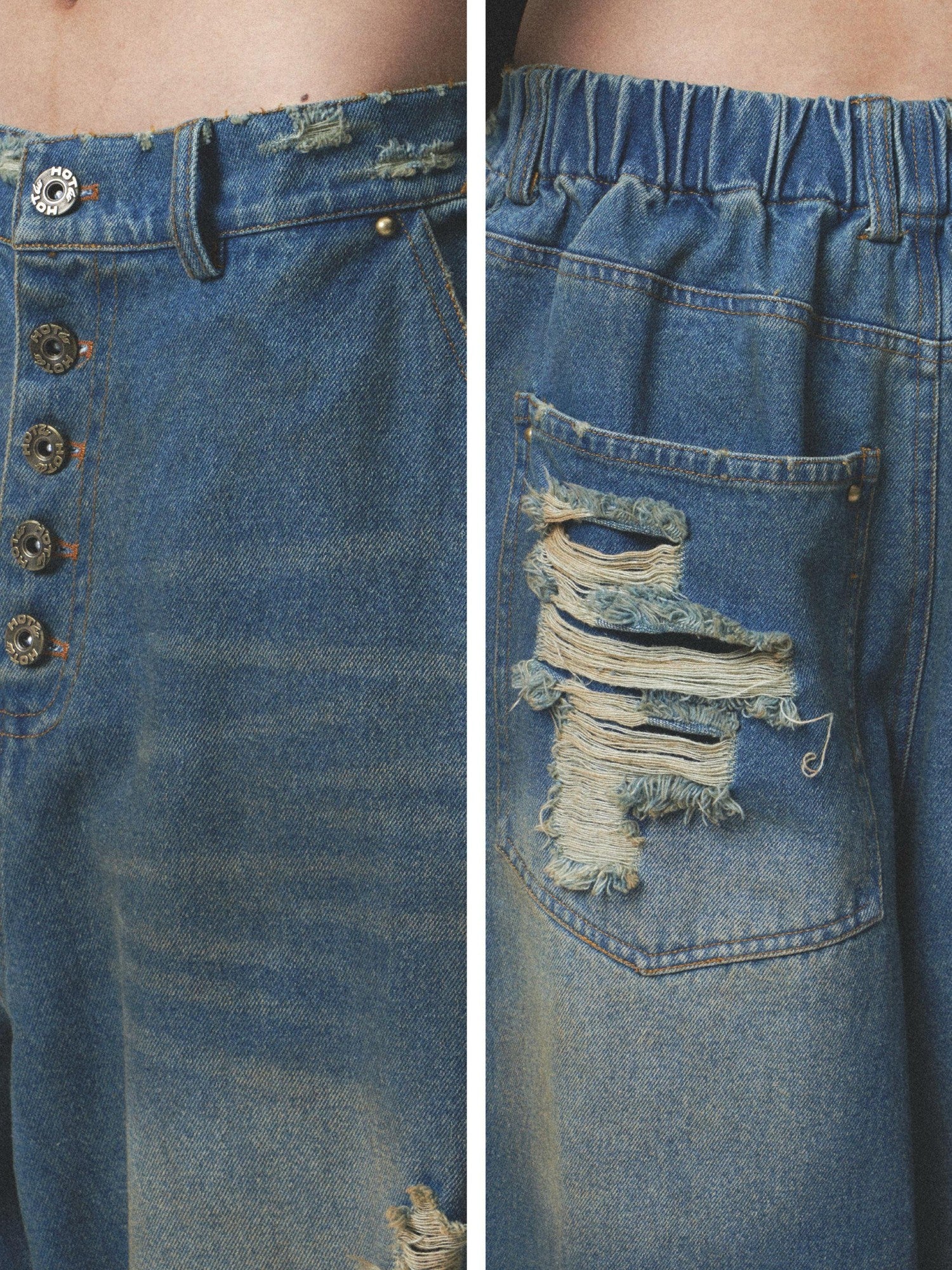 NONAME SPACE Washed Print Rhinestone Distressed High Waist Women&