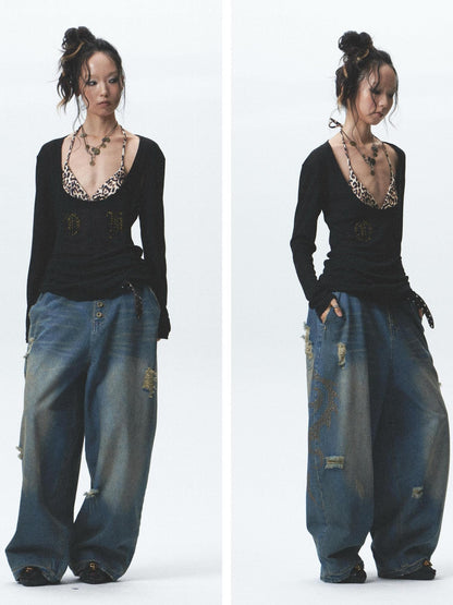 NONAME SPACE Washed Print Rhinestone Distressed High Waist Women&