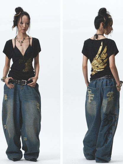 NONAME SPACE Washed Print Rhinestone Distressed High Waist Women&