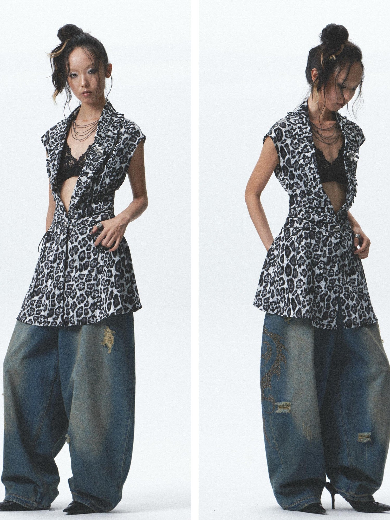 NONAME SPACE Washed Print Rhinestone Distressed High Waist Women&
