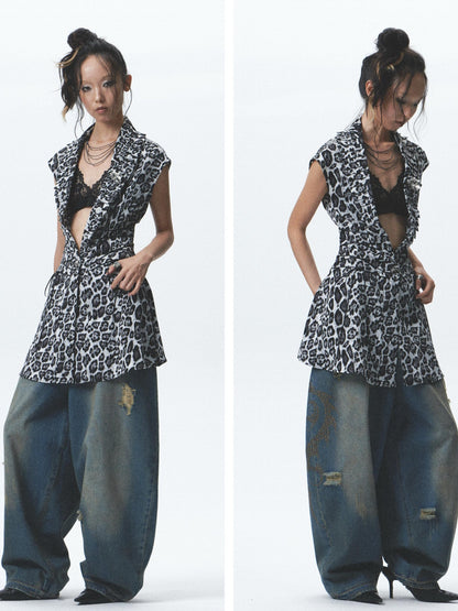 NONAME SPACE Washed Print Rhinestone Distressed High Waist Women&