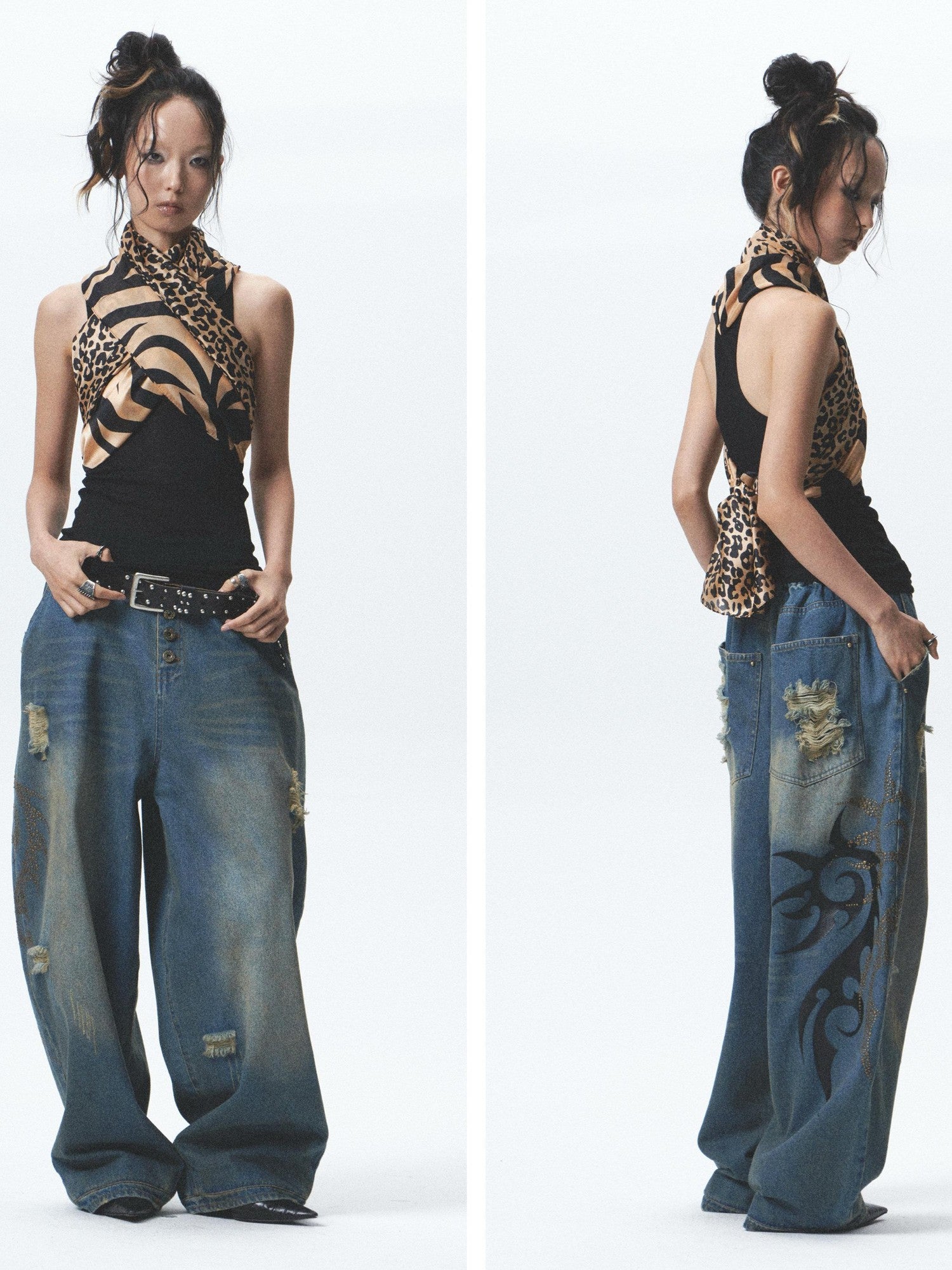 NONAME SPACE Washed Print Rhinestone Distressed High Waist Women&